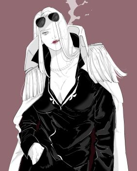 085reed 1girl breasts brown_background cigarette cleavage coat coat_on_shoulders collared_coat commentary_request epaulettes eyelashes eyewear_on_head greyscale_with_colored_background hair_over_one_eye hand_in_pocket highres hina_(one_piece) jewelry long_hair necklace one_piece pearl_necklace red_lips simple_background smoke