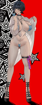1girl absurdres bikini blue_hair blush breasts brown_eyes choker cleavage club3 collarbone condom condom_packet_strip condom_wrapper female_focus full_body gluteal_fold highres huge_breasts jewelry lab_coat long_sleeves mask mask_bikini mouth_mask nail_polish navel necklace pendant persona persona_5 platform_footwear short_hair skindentation solo studded_choker sweat swimsuit takemi_tae thigh_strap toenail_polish toenails toes