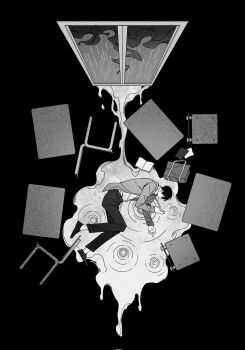 1boy bag benkdjjituibot black_hair book cloud coat desk dress_shoes faceless from_above full_body grey_coat greyscale highres implied_attack kim_dokja knees_together_feet_apart leaking lying male_focus messy_room monochrome omniscient_reader's_viewpoint on_ground on_side open_book outstretched_hand puddle rain ripples school_desk short_hair solo unconscious window