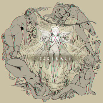 5girls all_fours amputee angel_wings arm_support arms_up arrow_(projectile) ass asymmetrical_wings barefoot book bow_(weapon) breasts brown_theme closed_eyes commentary_request completely_nude copyright_name doll_joints drawing_bow feathers fish glasses glowing greenheart hair_ribbon halo holding holding_book holding_bow_(weapon) holding_feather holding_weapon inverted_pentagram joints leaf long_hair looking_at_viewer looking_back medium_breasts meguro_miyuki mismatched_wings monochrome mouth_hold multiple_girls nipples nude own_hands_together pentagram plant_wings ribbon sayonara_wo_oshiete severed_leg severed_limb short_hair sitting small_breasts sugamo_mutsuki takada_nozomi tamachi_mahiru tentacles twintails ueno_koyori very_long_hair weapon wings