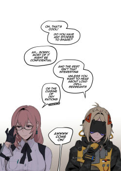 2girls blindfold_mask eye_mask glass glasses glowing_mask hair_between_eyes highres long_hair maiqo mask multiple_girls pink_eyes pink_hair shirt shy speech_bubble trigger_(zenless_zone_zero) tsukishiro_yanagi upper_body white_shirt zenless_zone_zero