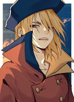 0a_9_(pixiv82791714) 1boy blonde_hair border cloud coat collarbone dr._stone hat high_collar looking_at_viewer male_focus medium_hair nanami_ryuusui open_mouth pirate_hat red_coat red_eyes sky smile solo teeth upper_body upper_teeth_only white_border