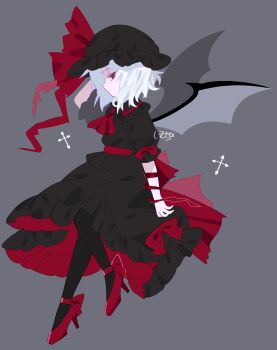 1girl absurdres alternate_color ascot bat_wings black_hat black_pantyhose black_shirt black_skirt blue_hair commentary_request frilled_skirt frills full_body grey_background hat hat_ribbon high_heels highres homura_(homura_me) looking_at_viewer medium_hair mob_cap pantyhose puffy_short_sleeves puffy_sleeves red_ascot red_eyes red_ribbon red_shoes remilia_scarlet ribbon shirt shoes short_sleeves signature skirt skirt_set solo touhou wings