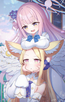 Rule 34 | 2girls, angel wings, animal ear fluff, animal ears, blonde hair, blue archive, blue bow, blush, bow, breast rest, breasts, capelet, carried breast rest, carrying, crescent, dress, flower, fox ears, fox girl, gold trim, hair flower, hair ornament, halo, hands on another&#039;s cheeks, hands on another&#039;s face, highres, large breasts, long hair, long sleeves, looking at another, low wings, mika (blue archive), multiple girls, open mouth, pink eyes, pink hair, pink halo, purple eyes, saebashi, seia (blue archive), sleeveless, sleeveless dress, sleeves past wrists, smile, tea party (blue archive), very long hair, white capelet, white dress, white wings, wing ornament, wings