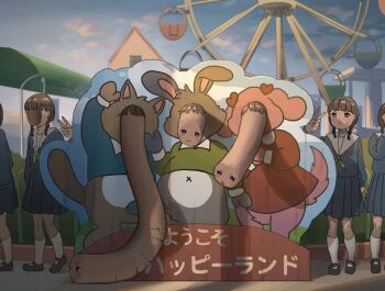 6+girls :o black_footwear black_hair blush_stickers day ferris_wheel green_neckwear low_twin_braids multiple_girls original outdoors pleated_skirt sailor_collar school_uniform serafuku skirt smile socks standing tensen_(dotted_line) twin_braids v what white_sailor_collar white_socks