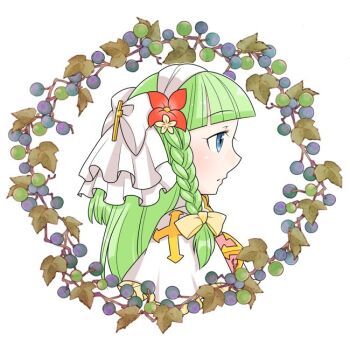 Rule 34 | 1girl, arch bishop (ragnarok online), blue eyes, blueberry, blunt bangs, bow, braid, closed mouth, commentary request, cross, dress, expressionless, flower, food, fruit, green hair, hair bow, hair flower, hair ornament, long hair, looking afar, oekakipikki, ragnarok online, red flower, side braid, single braid, solo, upper body, white background, white bow, white dress, wreath, yellow bow