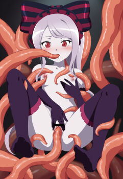1girl bar_censor blush bow breasts censored commission female_focus gloves grabbing_own_breast grey_background hair_bow highres loli long_hair looking_at_viewer nipples nude orcaleon overlord_(maruyama) pale_skin purple_thighhighs pussy red_eyes shalltear_bloodfallen small_breasts solo spread_legs tentacle_in_mouth tentacle_sex tentacles thighhighs vaginal