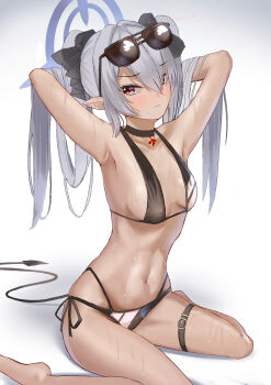 &gt;:( 1girl adjusting_hair armpits arms_behind_head barefoot bikini black_bikini black_bow black_choker blue_archive blue_halo blush bow breasts choker closed_mouth commentary dark-skinned_female dark_skin demon_girl demon_tail eyelashes eyewear_on_head frown grey_hair hair_between_eyes hair_bow hair_intakes hair_over_one_eye halo highres iori_(blue_archive) iori_(swimsuit)_(blue_archive) knees_out_of_frame long_hair looking_at_viewer medium_breasts mochini multi-strapped_bikini_bottom navel official_alternate_costume pointy_ears red_eyes side-tie_bikini_bottom sideboob sidelocks simple_background sitting solo stomach straight_hair sunglasses swimsuit tail thigh_strap thighs tsurime twintails v-shaped_eyebrows very_long_hair wariza wet white_background