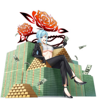 1girl black_gloves black_jacket black_pants black_shoes blue_eyes blue_hair breasts chest_sarashi closers crossed_legs gloves gold_bar high_heels highres holding holding_money jacket large_breasts long_hair looking_at_viewer low_ponytail money navel official_art open_clothes open_jacket open_mouth pants ponytail sarashi shoes simple_background sitting smile solo stomach underboob violet_(closers) white_background