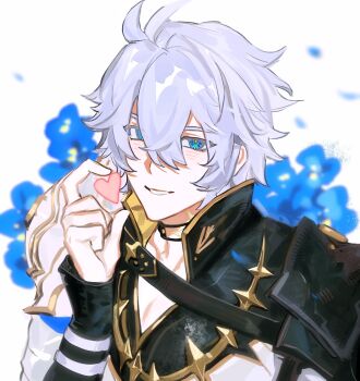 1boy antenna_hair armor black_choker black_shirt blue_eyes blush choker coat commentary english_commentary flower forget-me-not_(flower) heart highres honkai:_star_rail honkai_(series) looking_at_viewer male_focus neck_tattoo parted_bangs pauldrons phainon_(honkai:_star_rail) shirt short_hair shoulder_armor single_pauldron smile solo sun_symbol sun_tattoo tan tattoo white_coat white_hair xingchen258628a