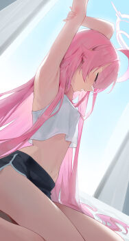 1girl absurdres ahoge armpits blue_archive closed_eyes commentary_request crop_top davo221020 halo highres hoshino_(blue_archive) long_hair midriff navel open_mouth pink_hair pink_halo see-through_clothes short_shorts shorts stomach stretching thighs very_long_hair