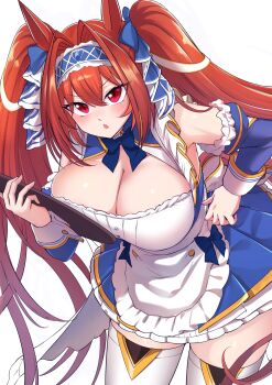 1girl animal_ears apron blue_bow blue_dress bow breasts brown_hair cleavage cleavage_cutout clothing_cutout commentary_request daiwa_scarlet_(umamusume) dress hair_intakes highres horse_ears horse_girl horse_tail large_breasts long_hair looking_at_viewer parted_lips red_eyes same_kujira_(challenger_310) tail tareme thighhighs tray twintails umamusume very_long_hair waitress white_background zettai_ryouiki