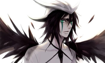 1boy arrancar black_hair black_wings bleach colored_skin commentary_request expressionless facial_mark fake_horns feathered_wings green_eyes helmet horned_helmet horns koaki male_focus portrait resurreccion short_hair solo ulquiorra_cifer white_helmet white_skin wings