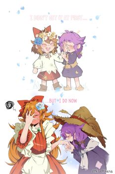 2girls aged_down apron blush brooch brown_hair dress elise_liedl english_text full-face_blush hair_flaps hair_ribbon hat highres jewelry little_goody_two_shoes long_hair low_twintails maid_apron medium_hair multiple_girls niseathena patchwork_clothes purple_dress red_dress red_ribbon ribbon rozenmarine_(little_goody_two_shoes) shawl straw_hat twintails white_apron white_shawl witch_hat yuri