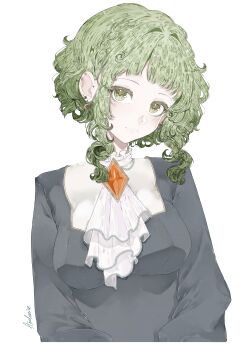 apolonia-07 black_dress braid cross-laced_clothes dress earrings eyeshadow frilled_dress frills gem gem_hair_ornament green_eyes green_hair highres jewelry jibaku_shounen_hanako-kun makeup nanamine_sakura orange_gemstone pearl_earrings short_hair single_braid smile solo