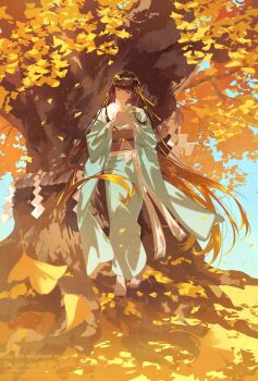 1girl absurdres autumn autumn_leaves barefoot black_hair character_request closed_eyes copyright_request full_body highres japanese_clothes kimono leaf long_hair obi outdoors sash smile solo standing toumin_(onemunemu99) tree