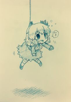 1girl aki_shizuha arinu blush breasts female_focus fish_hook flying_sweatdrops hair_ornament hanging highres hook leaf_hair_ornament long_sleeves medium_breasts monochrome open_mouth scared short_hair solo sweat touhou traditional_media translated