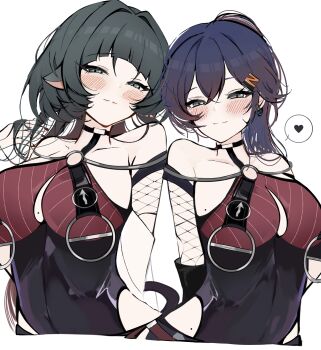 2girls absurdres alternate_hairstyle animal_ears bare_shoulders belle_(zenless_zone_zero) black_hair black_one-piece_swimsuit blue_hair blush breasts commentary_request cosplay fishnet_sleeves fishnets hair_ornament hayato_hoshi604 heart highres jane_doe_(nocturne_of_light)_(zenless_zone_zero) jane_doe_(zenless_zone_zero) jane_doe_(zenless_zone_zero)_(cosplay) large_breasts letter_hair_ornament long_hair looking_at_viewer medium_hair mouse_ears mouse_girl multicolored_hair multiple_girls official_alternate_costume one-piece_swimsuit ponytail red_hair simple_background smile spoken_heart swimsuit two-tone_hair very_long_hair white_background zenless_zone_zero