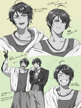 Rule 34 | 2boys, absurdres, ahoge, axis powers hetalia, brazil (hetalia), chain, chain necklace, chiqma0, commentary request, crossed arms, earrings, fangs, gloves, gradient background, green background, highres, jacket, jewelry, male focus, medium hair, multiple boys, multiple views, necklace, open mouth, portugal (hetalia), single earring, smile, tank top, yellow background