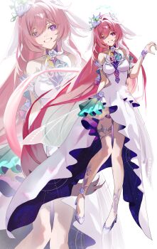 1girl absurdres bare_shoulders breasts collarbone commentary_request cosplay cyrene_(demiurge)_(honkai:_star_rail) cyrene_(honkai:_star_rail) cyrene_(honkai:_star_rail)_(cosplay) dress elysia_(herrscher_of_human:_ego)_(honkai_impact) elysia_(honkai_impact) flower grin hair_flower hair_intakes hair_ornament harutoman high-low_dress highres honkai:_star_rail honkai_(series) honkai_impact_3rd inoue_marina large_breasts long_hair looking_at_viewer pink_hair purple_eyes shoes simple_background sleeveless sleeveless_dress smile solo very_long_hair voice_actor_connection white_background white_dress white_shoes yanning zoom_layer