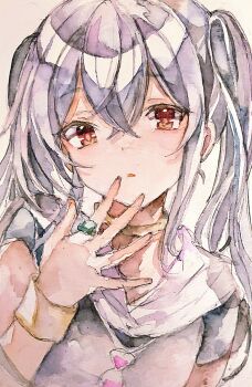 1girl :o absurdres bracelet commentary_request gem gold_bracelet gold_necklace green_gem hair_between_eyes hand_up highres hourglass jewelry kamu_kotan necklace original red_eyes ring scarf shirt sleeveless sleeveless_shirt twintails upper_body white_background white_hair white_scarf