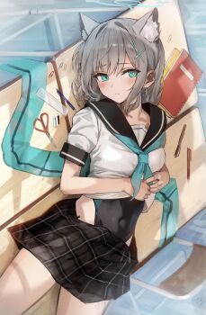 1girl absurdres animal_ear_fluff animal_ears aqua_eyes aqua_neckerchief aqua_scarf averting_eyes black_one-piece_swimsuit black_sailor_collar black_skirt blue_archive blue_halo blush chair checkered_clothes checkered_skirt classroom closed_mouth competition_swimsuit covered_navel cross_hair_ornament desk extra_ears grey_hair hair_ornament halo hidulume highres lying medium_hair mismatched_pupils neckerchief notebook on_back on_desk one-piece_swimsuit paperclip pen sailor_collar scarf school_chair school_desk school_uniform scissors serafuku shiroko_(blue_archive) sideways_glance sitting skirt skirt_partially_removed solo swimsuit swimsuit_under_clothes unworn_scarf white_serafuku wolf_ears wolf_girl