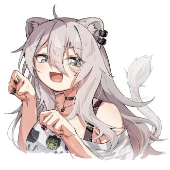 1girl ahoge animal_ears black_choker black_nails choker commentary_request grey_eyes grey_hair hololive lion_ears lion_girl lion_tail long_hair looking_at_viewer nail_polish official_alternate_costume open_mouth shirt shishiro_botan shishiro_botan_(midnight_convenience_store) smile solo tail u_da_desu very_long_hair virtual_youtuber white_shirt