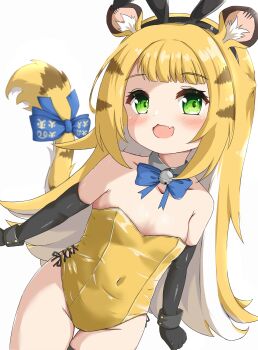 1girl absurdres animal_ear_fluff animal_ears bare_shoulders bell black_gloves blonde_hair blue_bow blush bow breasts covered_navel detached_collar elbow_gloves fake_animal_ears fake_bunny_ears fang gloves green_eyes highres ju_fufu leotard loli long_hair playboy_bunny shinonome_meguri skin_fang small_breasts solo strapless strapless_leotard tail tail_bow tail_ornament thighs tiger_ears tiger_girl tiger_tail very_long_hair yellow_leotard zenless_zone_zero