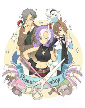 2boys 3girls ahoge alternate_hair_color alternate_hair_length alternate_hairstyle arm_at_side artist_request badge bare_shoulders belt belt_buckle beret black_cross_tie black_gloves black_hair black_hairband black_pants black_shirt black_shorts black_sleeves black_vest blunt_bangs breasts brown_belt brown_coat brown_eyes brown_hair brown_pants brown_sleeves buckle buttons capelet chibi circle cloe_da_pontina closed_mouth coat collared_shirt comb covered_collarbone crop_top cross_tie curtained_hair dress dress_pants english_text fingernails glasses gloves gold_buttons gradient_hair green_dress green_hair green_sleeves green_vest grey_hair hair_dryer hairband hand_on_own_hip hat ispin_charles jacket jellyppi jewelry lanziee_rozen_kranz lapels large_belt large_breasts long_sleeves looking_at_viewer loose_belt low_twintails maximin_liebkne mila_nebraska military_hat military_jacket military_uniform multicolored_hair multicolored_jacket multiple_boys multiple_girls narrow_waist navel necklace necktie nexon notched_lapels official_art one_eye_closed open_clothes open_coat pants parted_bangs pink_hair plain_epaulettes purple_hair rectangular_eyewear red_belt red_eyes red_hat red_jacket red_necktie rimless_eyewear scissors second-party_source serious shirt short_hair shorts simple_background skinny skull_necklace sleeve_cuffs sleeveless sleeveless_jacket smile sparkle star_(symbol) straight_hair strapless strapless_dress sweatdrop sword tales_weaver trench_coat turtleneck turtleneck_shirt twintails two-tone_jacket undershirt vest waistcoat weapon white_capelet white_gloves white_jacket white_shirt wig wing_collar