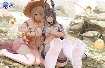 2girls animal_ears azur_lane beach blue_eyes blue_hair blush braid breasts collarbone dishwasher1910 eyes_visible_through_hair fake_animal_ears feet fishing fishing_line fishing_rod goggles goggles_on_head hair_over_one_eye hat highres in_water large_breasts looking_at_viewer manjuu_(azur_lane) multiple_girls new_jersey_(azur_lane) official_art prinz_heinrich_(azur_lane) rabbit_ears red_eyes sun_hat swimsuit thighhighs thighs wet white_hair