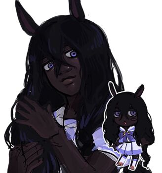 1girl animal_ears black_hair chibi chibi_inset closed_mouth commentary dark-skinned_female dark_skin english_commentary friesian_horse_girl hair_between_eyes head_tilt highres horse_ears horse_girl lips long_hair malan personification puffy_short_sleeves puffy_sleeves purple_eyes school_uniform shirt short_sleeves simple_background solo stroking_hair tracen_school_uniform umamusume upper_body very_dark_skin very_long_hair wavy_hair white_background