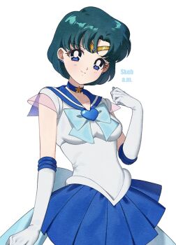 Rule 34 | 1girl, bishoujo senshi sailor moon, blue bow, blue bowtie, blue choker, blue eyes, blue hair, blue sailor collar, blue skirt, bow, bowtie, brooch, choker, closed mouth, commentary, earrings, elbow gloves, gloves, heart, heart brooch, highres, jewelry, looking at viewer, magical girl, mizuno ami, p m ame, pleated skirt, sailor collar, sailor mercury, sailor senshi uniform, short hair, skirt, smile, solo, star (symbol), star choker, stud earrings, symbol-only commentary, white background, white gloves