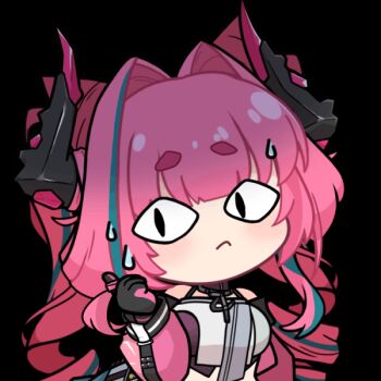 <|>_<|> 1girl acomu414 animated animated_gif arknights arknights:_endfield black_gloves black_horns blue_hair breasts chibi closed_mouth commentary_request dragon_girl dragon_horns drill_hair gloves hair_intakes horns jacket korean_commentary large_breasts multicolored_hair multicolored_horns pink_gloves pink_hair pink_horns pink_jacket simple_background solo streaked_hair sweatdrop thick_eyebrows transparent_background twin_drills twintails two-sided_gloves two-tone_hair two-tone_horns upper_body yvonne_(arknights)