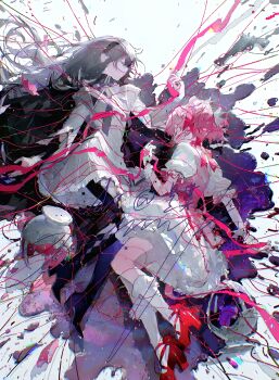 2girls absurdres akemi_homura akemi_homura_(magical_girl) argyle_clothes black_footwear black_hair boots bow bubble_skirt capelet chinese_commentary closed_eyes commentary commentary_request crack die_(weibo_5986913615) dress duplicate entangled expressionless footwear_bow frilled_skirt frilled_sleeves frilled_socks frills from_above full_body gloves grey_skirt hair_spread_out high_heels highres jacket kaname_madoka kaname_madoka_(magical_girl) kneehighs liquid long_hair lying magical_girl mahou_shoujo_madoka_magica mahou_shoujo_madoka_magica_(anime) multiple_girls on_side pink_dress pink_hair pink_ribbon puffy_short_sleeves puffy_sleeves purple_capelet red_footwear resized ribbon shards shoes short_hair short_sleeves short_twintails signature skirt socks soul_gem thigh_boots twintails upscaled white_gloves white_jacket white_skirt white_socks