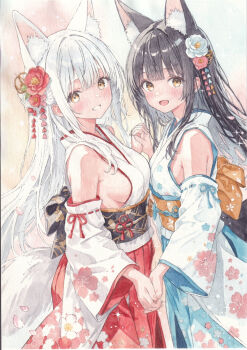2girls animal_ears bare_shoulders black_hair blue_kimono blush bow breasts cherry_blossoms commentary_request detached_sleeves falling_petals flower fox_ears fox_tail gradient_background hair_flower hair_ornament hair_ribbon highres holding_hands japanese_clothes kimono kitsune large_breasts looking_at_viewer miko multiple_girls obi off_shoulder open_mouth original painting_(medium) parted_bangs petals red_skirt ribbon sash sideboob sidelocks skirt smile sparkle standing tail traditional_media watercolor_(medium) white_hair wide_sleeves yellow_eyes yoru_(watercolor_artist)