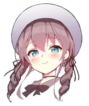 Rule 34 | 1girl, aqua eyes, black bow, black bowtie, blush, bow, bowtie, brown hair, commentary request, cropped shoulders, drill hair, earrings, hair between eyes, hair ribbon, hat, hololive, ishida aya, jewelry, long hair, looking at viewer, mixed-language commentary, natsuiro matsuri, natsuiro matsuri (casual), ribbon, simple background, smile, solo, twin drills, twitter username, virtual youtuber, white background