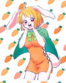 1girl ahoge animal_ears blonde_hair blush blush_stickers bow bowtie breasts capelet carrot carrot_(one_piece) cowboy_shot cross-laced_clothes cross-laced_dress dress green_bow green_bowtie green_capelet hands_on_own_cheeks hands_on_own_face heart heart-shaped_pupils highres looking_at_viewer medium_breasts one_piece open_mouth orange_dress rabbit_ears rabbit_girl rabbit_tail rnolmol short_hair solo symbol-shaped_pupils tail teeth upper_teeth_only
