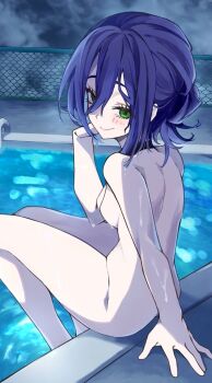 1girl black_choker blue_hair breasts chain-link_fence chainsaw_man choker closed_mouth fence green_eyes hair_between_eyes looking_at_viewer ma_ple night nude outdoors pool poolside reze_(chainsaw_man) sitting small_breasts smile solo wet