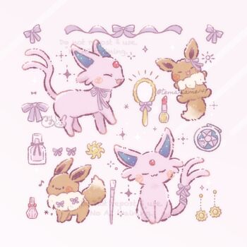 animal_focus blush bottle bow closed_eyes commentary_request earrings eevee espeon gen_1_pokemon gen_2_pokemon highres jewelry makeup_brush mirror nintendo no_humans object_focus open_mouth perfume_bottle pokemon pokemon_(creature) pokemon_focus ribbon smile tail tail_ornament tail_ribbon temariame14