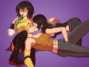 3girls abs ahoge akeowi alcohol beer_bottle belt blonde_hair blush boots breasts brown_hair closed_eyes drinking grey_eyes hair_between_eyes kiss large_breasts leotard long_hair long_sleeves lying mechanical_arms medium_breasts multiple_girls neopolitan_(rwby) on_back pants pink_hair purple_background red_hair ruby_rose rwby short_hair simple_background single_mechanical_arm sitting skirt sleeveless thighhighs yang_xiao_long yuri