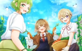 Rule 34 | 3girls, :3, :d, apron, basket, black skirt, blonde hair, blue sky, blue vest, blush, breasts, brown cape, brown capelet, brown hair, brown hat, bug, butterfly, butterfly on head, cape, capelet, carrot, closed eyes, cloud, collared shirt, colored tips, crossed bangs, cucumber, dirty, dirty clothes, flower, food, from below, garden, gardening, gloves, green apron, green hair, hair between eyes, hair flower, hair ornament, hasu hasuha, hat, highres, holding, holding basket, holding food, holding vegetable, insect, kimi no koto ga dai dai dai dai daisuki na 100-nin no kanojo, kusanochika, lens flare, looking at viewer, medium hair, multicolored hair, multiple girls, necktie, ohananomitsu high school uniform, open mouth, plaid clothes, plaid hat, plaid necktie, plant, red necktie, school uniform, shirt, short hair, short sleeves, sidelocks, skirt, sky, smile, sutou iku, teeth, thick eyebrows, tomato, tree, two side up, upper teeth only, vegetable, vest, vines, waist apron, white flower, white gloves, white shirt, yasashiki yamame