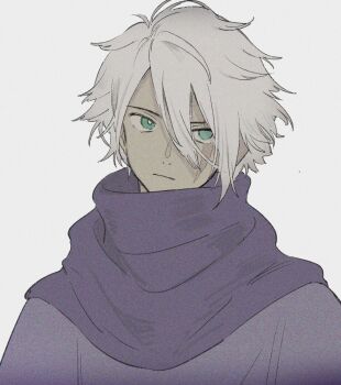 1boy :| aqua_eyes closed_mouth commentary_request dark-skinned_male dark_skin facial_scar film_grain fujie_xy hair_between_eyes highres looking_to_the_side male_focus messy_hair mismatched_pupils octopath_traveler octopath_traveler_i purple_robe purple_scarf robe scar scar_on_cheek scar_on_face scarf short_hair sideways_glance simple_background solo therion_(octopath_traveler) upper_body white_background white_hair