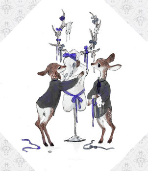 2others animal_skull antler_bow antlers black_eyes black_shirt body_fur bow brown_fur deer deer_boy deer_skull full_body furry grey_bow horns mannequin multiple_others nagabe original purple_bow shirt standing white_background