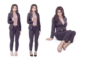 1girl absurdres belt black_hair black_shoes blue_jacket blue_pants business_suit feet formal_clothes high_heels highres jacket long_hair long_legs looking_at_viewer mature_female office_lady original pants pantyhose_under_pants pink_shirt shirt shoes suit toes yewang19 yutang_(yewang19)