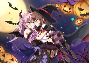 Rule 34 | 2girls, absurdres, bat (animal), black cape, black corset, black footwear, black gloves, black hat, black wings, blue eyes, blush, boots, brown eyes, brown hair, cape, carrying, closed mouth, collared shirt, commentary request, corset, demon horns, demon tail, etou kanami, fake horns, fake tail, frilled shirt, frilled skirt, frills, full moon, gloves, half updo, halloween, hat, highres, horns, jack-o'-lantern, jacket, long hair, looking at another, minoseki gakuin uniform, moon, multiple girls, night, pink hair, pink shirt, princess carry, purple skirt, purple thighhighs, shirt, short hair, skirt, smile, star (symbol), striped clothes, striped thighhighs, tail, thigh strap, thighhighs, toji no miko, tsubakuro yume, white jacket, white shirt, wings, winter uniform, witch hat, yumina (artist), yuri