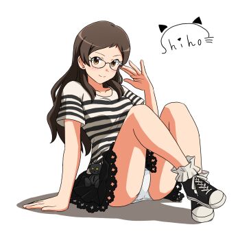 Rule 34 | 1girl, adjusting eyewear, ankle scrunchie, bespectacled, black-framed eyewear, black shirt, black shoes, black skirt, brown eyes, brown hair, character name, closed mouth, commentary, crotch seam, full body, glasses, highres, idolmaster, idolmaster million live!, kitazawa shiho, lielos, light blush, long hair, looking at viewer, miniskirt, panties, pantyshot, scrunchie, shadow, shirt, shoes, short sleeves, signature, simple background, sitting, skirt, smile, sneakers, solo, striped clothes, striped shirt, t-shirt, underwear, white background, white panties, white shirt
