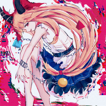 Rule 34 | 1girl, abstract background, absurdres, bad source, ball, bare legs, barefoot, belt, bent back, black belt, black horns, blue background, blue skirt, blunt bangs, chain, colorful background, cube, curled up, eyelashes, flat chest, from side, full body, green background, highres, horns, ibuki suika, inverted colors, layered skirt, long hair, looking at viewer, looking to the side, metal wrist cuffs, miniskirt, oni, open mouth, orange hair, pink background, pyramid (geometry), red background, red eyes, red ribbon, ribbon, ribbon-trimmed skirt, ribbon trim, shirt, skirt, sleeveless, sleeveless shirt, smile, solo, tonan (l0l0l0l0l0l), torn clothes, torn sleeves, touhou, very long hair, white background, white shirt, white skirt