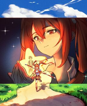 1boy 1girl ahoge antenna_hair armor artist_request bike_shorts bike_shorts_under_skirt bird black_hair blue_sky bo_staff brown_hair closed_mouth cloud commentary_request cropped_jacket double-parted_bangs eiyuu_densetsu estelle_bright glint hair_between_eyes hair_intakes holding holding_staff holding_weapon joshua_bright long_hair outdoors pauldrons red_eyes running shoes short_hair short_sleeves shorts shorts_under_skirt shoulder_armor single_pauldron sky smile sneakers sora_no_kiseki staff star_ornament twintails very_long_hair weapon