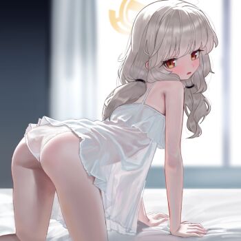 1girl all_fours aoba_(blue_archive) asdf64252607 ass blue_archive brown_eyes dress from_behind grey_hair halo indoors loli long_hair looking_at_viewer looking_back open_mouth panties see-through_clothes see-through_dress solo underwear wedgie white_dress white_panties yellow_halo