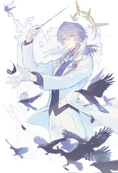 1boy bird black_bird blue_hair blue_pupils bow bowtie conductor_baton earrings feathered_wings gloves gold_earrings hair_over_shoulder halo halo_behind_head high_collar highres honkai:_star_rail honkai_(series) jacket jewelry medium_hair renjian_shilian sunday_(honkai:_star_rail) watermark white_bow white_bowtie white_gloves white_jacket wings yellow_eyes